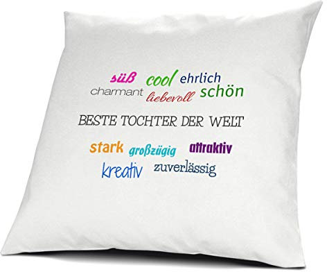 printplanet Kopfkissen mit dem Namen Beste Tochter der Welt, Kissen mit Füllung - Positive Eigenschaften, 40 cm, 100% Baumwolle, Kuschelkissen, Liebeskissen, Namenskissen, Geschenkidee