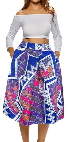 Afibi Damen Rock mit afrikanischem Druck, Boho, ausgestellter Midirock mit Taschen, Muster 7, Groß