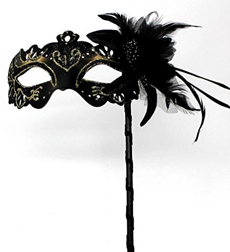 LADIES SPARKLING BLACK AND GOLD RIALTO VENETIAN MASQUERADE CARNIVAL PARTY EYE HAND HELD MASK ON A STICK WITH FLOWER