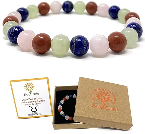 Taurus Zodiac Crystal Bracelet – Gemstone Power Bead Birthstone Bracelet – SoulCafe Gift Box & Taurus trait & crystal meaning card – Rose Quartz, Jade, Red Jasper, Lapis Lazuli - size XS/S/M/L/XL