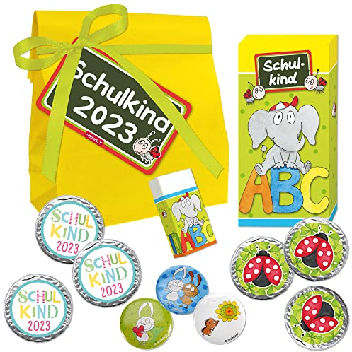 STEINBECK Schulanfang Einschulung Geschenk Schulkind Erstklässler Geschenktüte Schultüte Zuckertüte ABC Bonbons Süßes 1.Klasse Mitbringsel Button Radiergummi Bleistift