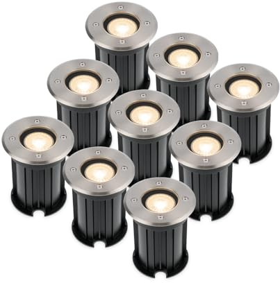 HOFTRONIC - 9er Maisy Terrassen Einbaustrahler GU10 Edelstahl Rund 4 Watt 345 lumen Boden Licht 2700K Extra Warmweiß LED Einbauleuchte IP67 Wasserdicht - Dimmbarer Bodeneinbauleuchte außen