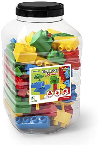Wader 41295 - Kids Blocks Bausteine, ca. 70 Teile, in verschiedenen Formen und bunten Farben, inkl. praktischer Kunststoff-Box mit Deckel, ca. 19,5 x 19,5 x 35 cm, ab 12 Monaten, ideal als Geschenk