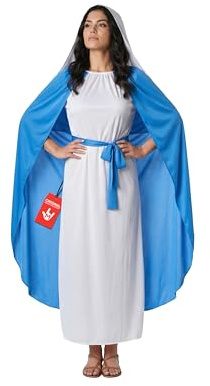 Morph Maria Kostüm Damen, Biblisches Halloween Kostüm Damen | Kleid mit Umhang, Gürtel & Kapuze, Ruhiges Blau, Zum Überziehen, Perfekt für Halloween, Ideal zum Verkleiden