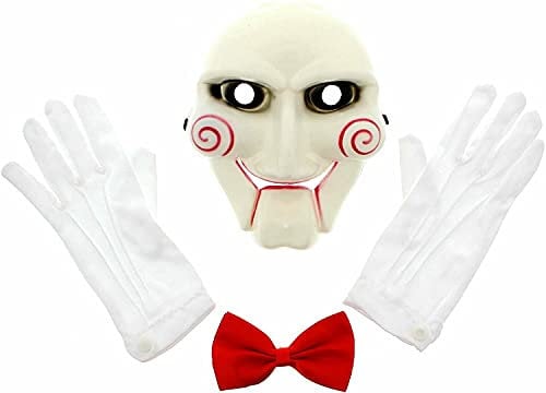 Mega_JumbleSale®Adult Unisex Billy the Puppet Halloween Costume Accessories Set - Jigsaw Masks + White Gloves + Red Bow Tie Massacre Cosplay Costume Creepy Scary Kit
