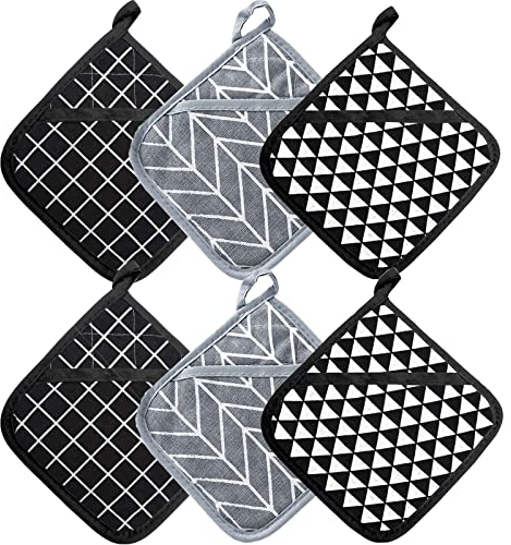 DXRPO Presine da Cucina e Guanti da Forno Resistenti al Calore 392 °F, Imbottito con cotone riciclato, Presine da Cucina, Per Cucinare e Cuocere, 18cm x 18cm, 2 pezzi Grigio e 4 pezzi Nero