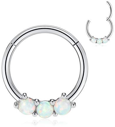 AROWRO Knorpel Daith Helix Ohrringe Creolen Daith Piercing Schmuck Nasenringe aus Chirurgenstahl 316L Septum Clicker Nasenring Weißer Opal Intarsien 16G 10mm Silber