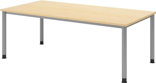 bümö höhenverstellbarer Schreibtisch H-Serie 200x100 cm in Ahorn, Gestell in Silber - großer PC Tisch für's Büro manuell höhenverstellbar, Computertisch verstellbar