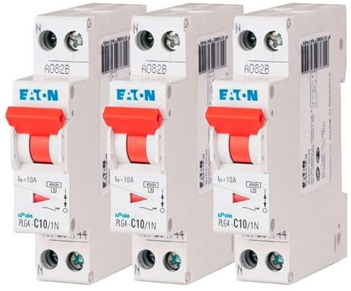 EATON 264744 PLG4-C10/1N - DISJONCTEUR MODULAIRE PH/N - Blanc - MANETTE ROUGE - 1P+N / 10 A - COURBE C - Raccordement à vis - 3 disjoncteurs