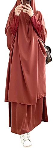DOTBUY-SHOP Muslimisches Kleid Damen Einfarbig Zweiteiliger Muslim Lange Robe mit Hijab Naher Osten Dubai Arab Islamischer Ramadan Sommerkleid Gebetskleidung Abaya für Frauen
