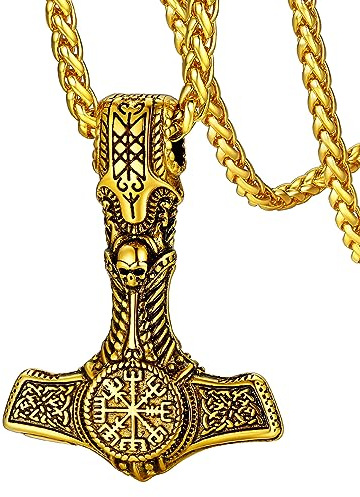 FaithHeart Viking Hammer Necklace Gold Plated Thor's Hammer Jewellery Nordic Compass Talisman Pendant Stainless Steel Chain 22+2 inches