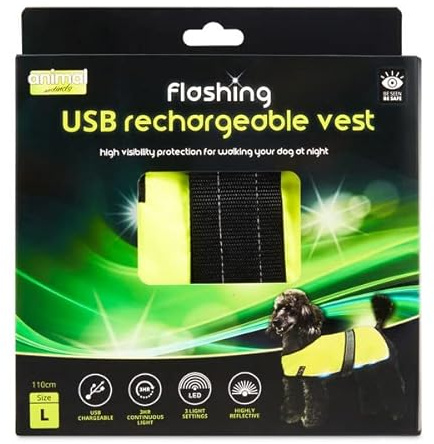 Animal Instincts Flashing Dog Walking Vest Safety USB Light Reflective Vest, Yellow - Large