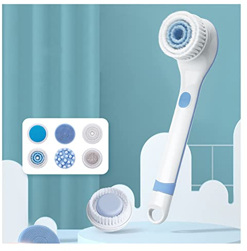 XUCS Elektrische Duschbürste, 6-in-1, Körperreinigung mit 6 rotierenden Bürstenköpfen, wasserdichte Reinigungsbürste mit langem Griff, für Massage, Peeling, Körperreinigung