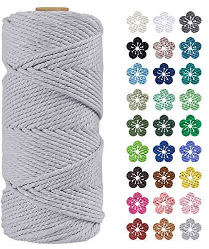 LEREATI Corde Macramé 4mm x 100m, Fil Macramé Coton Corde Naturelle Cordelette Ficelle, Macrame Cordon pour Bricolage Tissage, Rideau, Porte Plante mural, Artisanat, Décoration Bohème (Gris Clair)