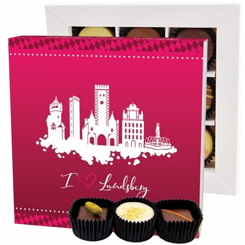 Hallingers Genuss Manufaktur Pralinen Geschenk - ohne Alkohol, handmade aus Confiserie-Edelkakao in wertiger L-Geschenkbox I love Landsberg, Geschenkidee für Frauen Männer