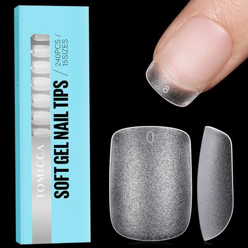 TOMICCA Extra Short Square Nail Tips, Clear Nail Tips Natural False Nails Square French Acrylic Nails Artificial Nails Tips for Girls Women, (240 Pcs,15 Sizes)