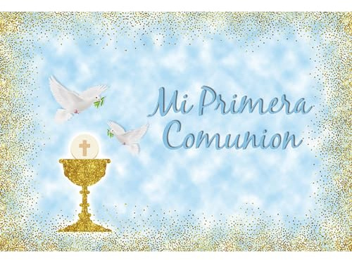 MIRRORANG 2,2 x 1,5 m Mi Primera Comunión Fondo Palomas Primera Comunión Bautizo Fotografía Fondo Azul Oro Puntos Bautizo Baby Ducha Fondos Fotos Estudio Objetos de escena, Vinilo