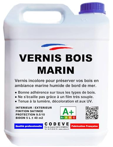 Vernis Marin - Codeve Bois - 5 L - Intérieur/extérieur - Pour La Protection De Votre Bois En Atmosphère Marine De Bord De Mer.