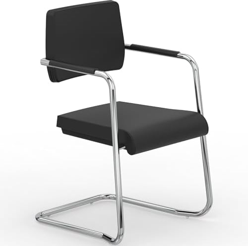 VERSEE Premium Echt-Leder Besucherstuhl V1207 in Schwarz mit Armlehne - Freischwinger mit Chrom für Büro und Konferenzräume - Belastbar bis 150kg
