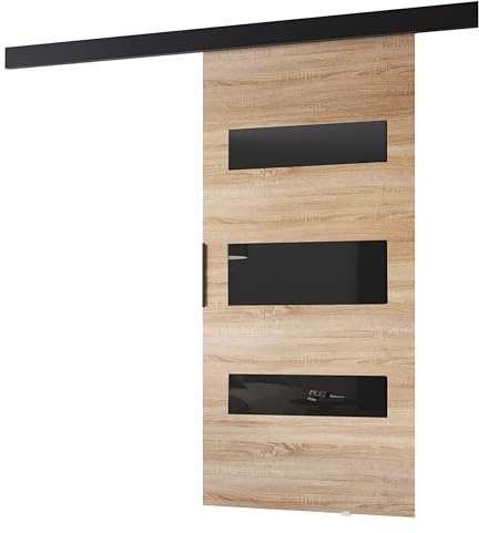 MINIO go for it - Schiebetüren 96 cm, Schiebetür Zimmertür PRIM D, Schiebetürsystem für Zimmer, Dekorative Elemente, Wandmontage, Türe Innen - Schwarz/Schwarzer Griff, Sonoma Eiche/Schwarz