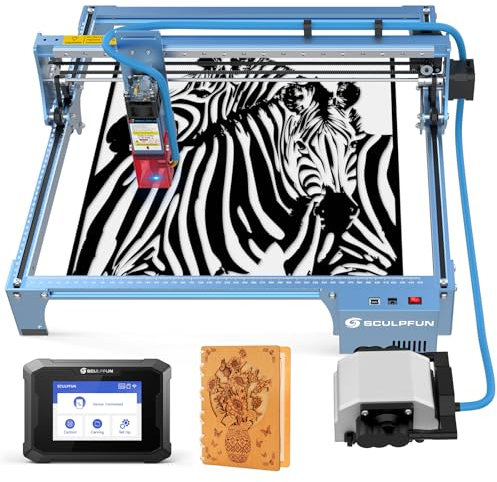 SCULPFUN Máquina de grabado láser de 10 W con 30 L/min de aire, grabado láser CNC DIY y cortador láser, límite de alta precisión lineal de calidad industrial eje X con panel de control TS1