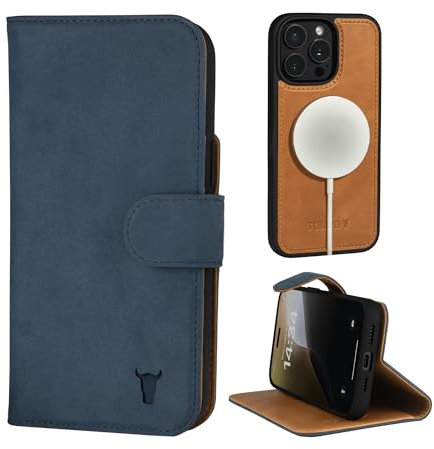 TORRO Nubuck Leather Case Compatible with iPhone 15 Pro Max – Leather Bumper Case with Magnetically Detachable Wallet Cover with Kickstand (Compatible with Official MagSafe Chargers) - Blue