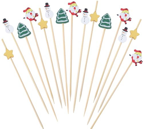 Catelves Weihnachten Cocktail Deko,100 Stück Spieße Fingerfood Weihnachten,Weihnachten Holzspieße Cocktail Zubehör,Weihnachten Cocktail Spieße,Weihnachtsmann Partyspieße,Stern Obstspieße Partypicker