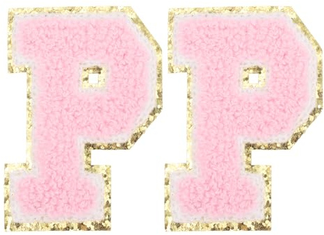 PATIKIL 2 Pcs Iron on Letter Patches, Chenille Glitters Letter Patch Pink, Alphabet P