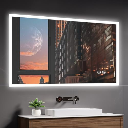 YOLEO Bathroom Mirror with LED Lights, 1200x800mm Illuminated Bathroom Mirror, Wall Mounted Vanity Mirror with 3 Colors Dimmable, Anti-Fog, Touch Switch, Waterproof IP44, Horizontal/Vertical