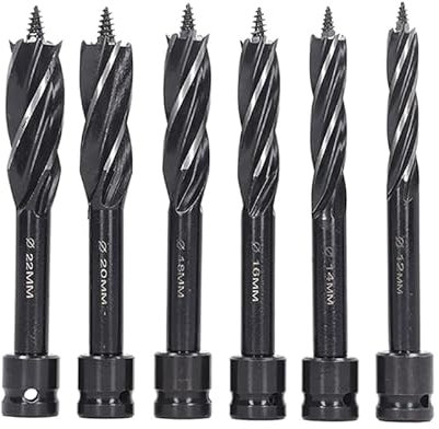 Lot de 6 forets à vis sans fin avec tige hexagonale - En acier carbone - 4 bords - 4 rainures - Pour le travail du bois