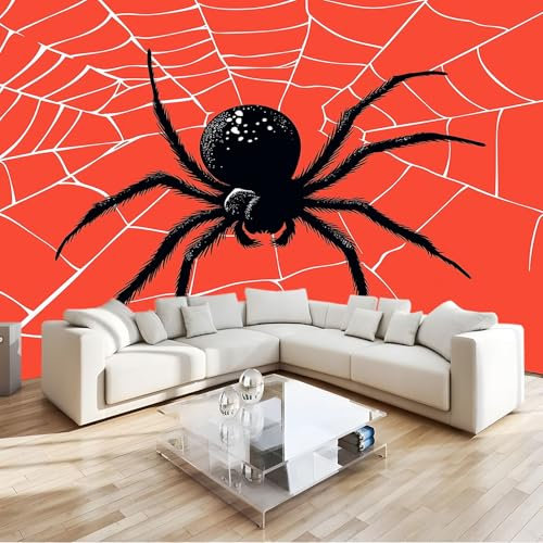 Photo Wallpaper Web Spider Print Non-Woven Premium Art Print Fleece Wall Mural Decoration Poster Picture Design Modern 350 x 256 cm Living Room Red