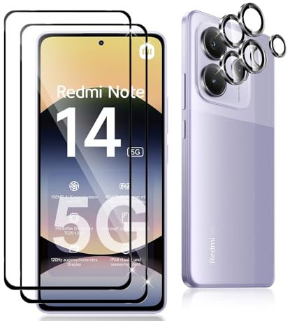 Datree 2 Piezas Protector de Pantalla para Xiaomi Redmi Note 14 5G, con 2 Piezas Protector de Lente de Cámara,Dureza 9H Sin Burbujas, Alta Definicion,Anti-Arañazos Cristal Templado