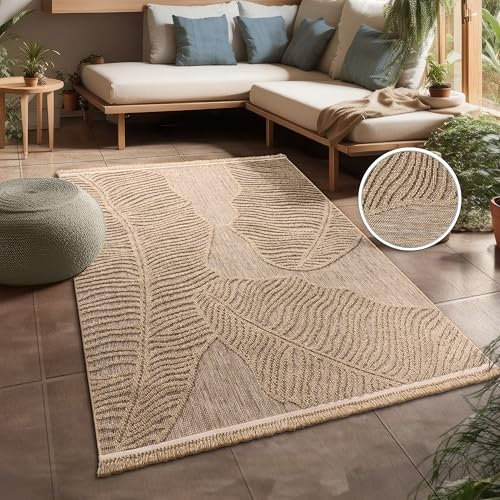 Paco Home Hochwertiger Outdoor Teppich Wetterfest & Pflegeleicht Jute-Sisal-Optik mit Fransen & Hoch-Tief-Effekt Langlebig für Terrasse, Balkon, Garten & Küche, Grösse:80x150 cm