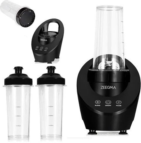 ZEEGMA VITAMINE FERRO Blender Électrique pour Cocktails et Smoothies, Entraînement Magnétique, 200W Mixeur Personnel, Mini Blender 2 Bouteilles Interchangeables 300 ml, 2 Vitesses, Broyage de Glace