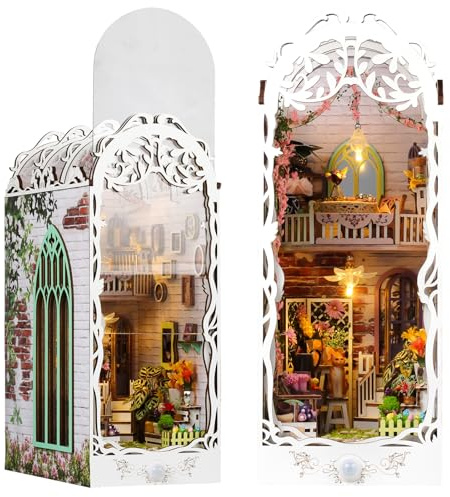 DIY Book Nook Kit, Maison Miniature Jardin avec Lumières LED, Puzzle 3D Bois Serre-Livres à Construire, Décoration d'Étagère, Cadeaux Créatifs pour Adultes et Adolescents, Idée Cadeau Femme