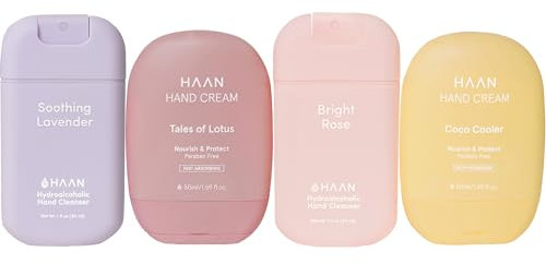 HAAN Feuchtigkeitsspendendes Handspray und Handcreme mit Aloe Vera (4 Stück) – 1 Stück pro Duft: Soothing Lavender, Bright Rose, Tales of Lotus und Coco Cooler