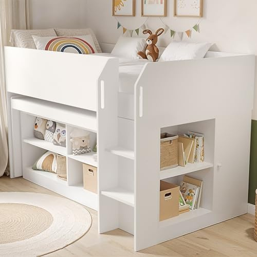 Flair Furnishings - Kids Mid Sleeper Bed with Storage, Cabin Bed with Desk, Heavy Duty with Sturdy Staircase, Integrated Shelves, Sleek and Stylish (White)