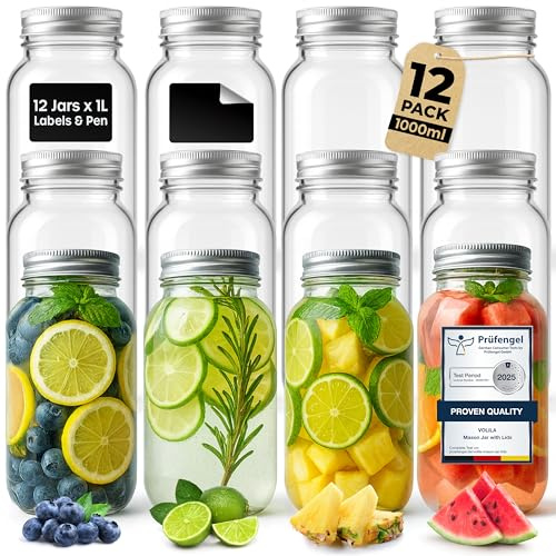 volila Mason Jars With Lids - 1 Litre Leakproof Glass Jars with Lids. Labels, Pen and Sponge - 12 Pack Large Mason Jar as Preserving Jars, Salad Jars, Overnight Oats Jar, and Pickling Jars
