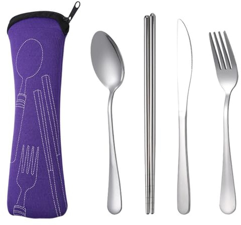 Pqahffowr 4 Piece Portable Spoon Fork Steak Knife Set Stainless Steel Dinnerware with Bag