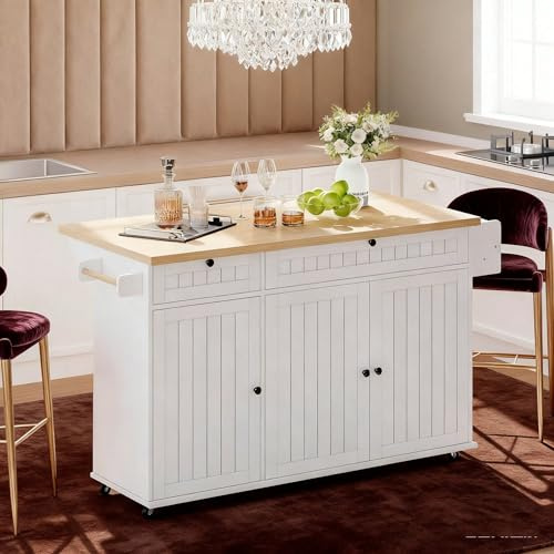 Mobiler Küchenschrank auf 6 feststellbaren Rollen in Weiß – Mit 2 Schubladen, Schrank, Ablage & Türregal (137x89,5x45 cm) (Natural+White + MDF + European)