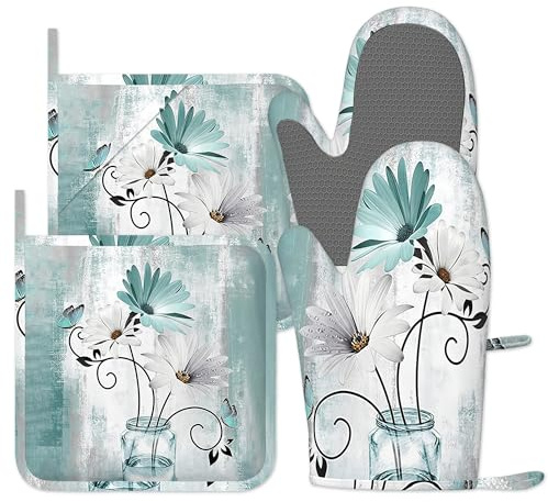 Teal Daisy Oven Gloves, 4pcs Oven Mitts & Pot Holders Heat Resistant and Non-Slip Silicone Gloves for Cooking, Baking, BBQ, Kitchen Decor Gift