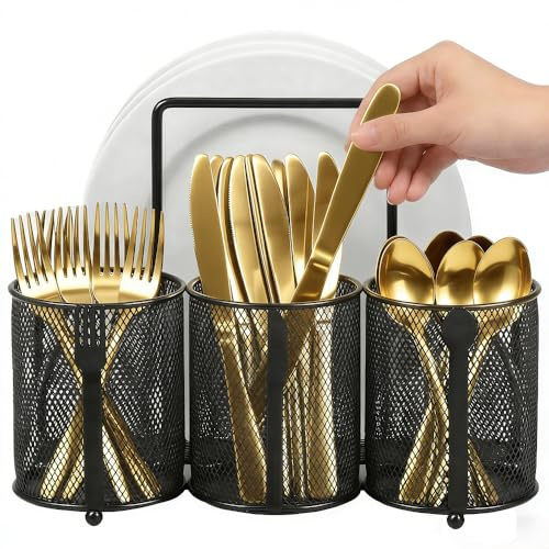 Utensil Caddy Silverware Holder, 4 Compartment Metal Mesh Cutlery Fork Spoon Napkin Plate Organizer, Flatware Storage Basket for Party Kitchen Countertop Buffet Picnic Camping Outdoor BBQ(Black)