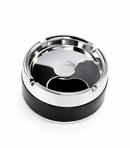 Ashtray with Lid, Windproof Stainless + Plastic Steel Cigarette Cigar Ashtray, Portable Black Ash Tray for Outside or Indoors