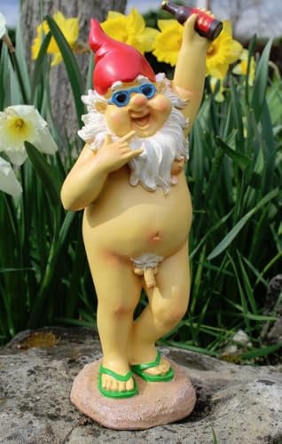 LB H&F Dekofigur nackter Gartenzwerg frecher Zwerg lustig witzig Wichtel mit Bierflasche Gartendeko für Haus und Garten Wetterfest NABI (2)