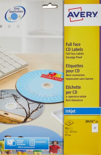 Avery Zweckform, J8676A-25, 25 Blatt, Spezial CD/DVD-Etiketten in Übergröße mit No-Touch-Technologie