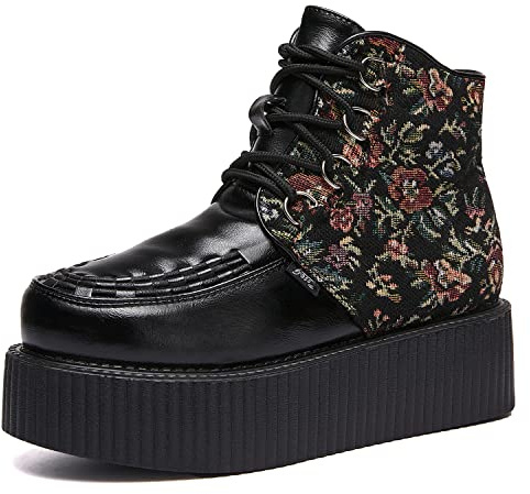 RoseG Femmes Broderie Cuir Lacets Flats Gothique Punk Creepers Bottes Chaussures Taille38