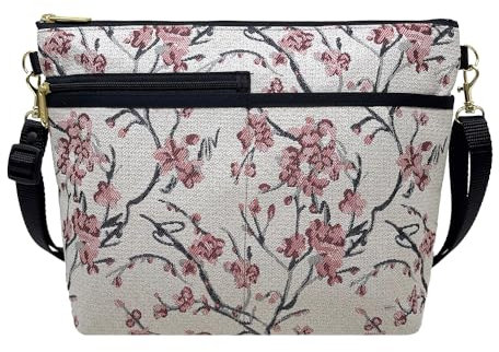 Danny K. Damen Gobelin Tasche Schultertasche Handtasche Groß Reißverschluss börse Handmade in USA, Weiß (Cherry Blossom), Medium