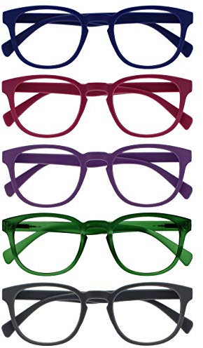 OPULIZE Pop Lesebrille 5er Pack Keck Rund Matt Rahmen Federscharniere Kratzfest Blau Rosa Lila Grün Grau Herren Damen RRRRR2-34567 +3.50