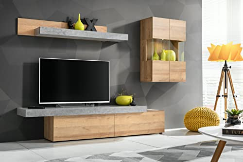 ASM Ensemble Meuble TV Mural Concret - L 230 X P 40 X H 160 Cm - Beige Et Gris