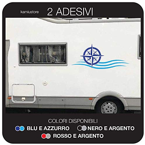 kamiustore Adesivo Rosa dei Venti su Onde per Camper, roulotte, Van e Barche in Vinile - 2 Adesivi 98x42 cm (Blu/Azzurro)